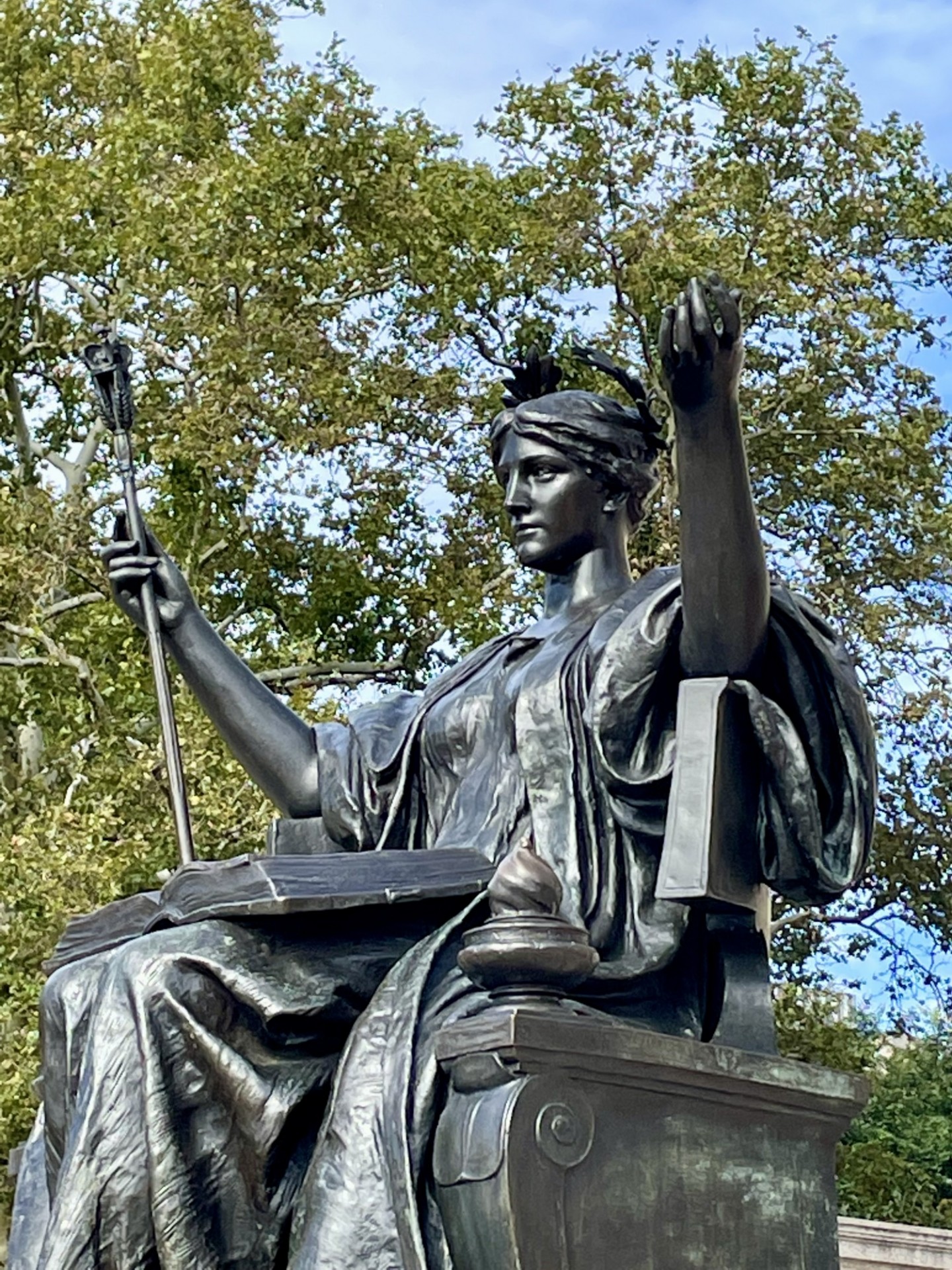 Close-up of Alma Mater, bronze sculpture by Daniel Chester French