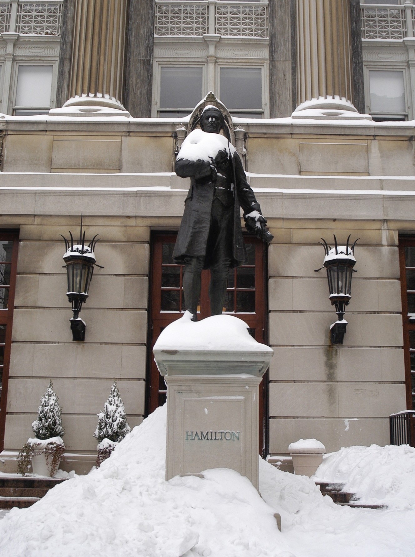 Sculpture of Alexander Hamilton in winter