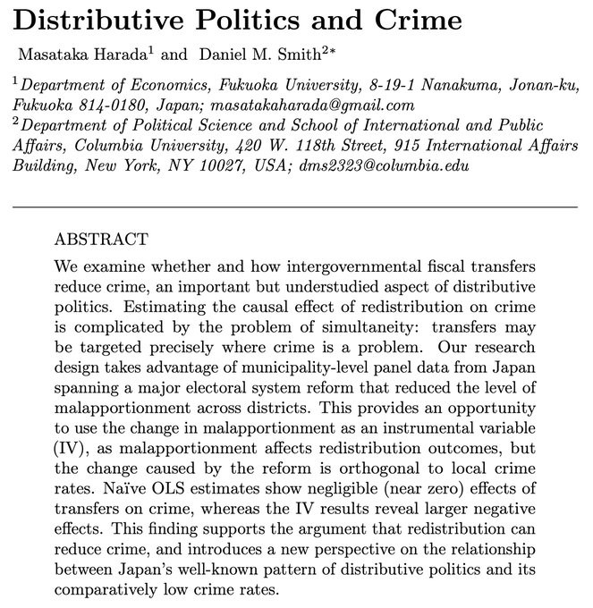 Abstract of "Distributive Politics and Crime"