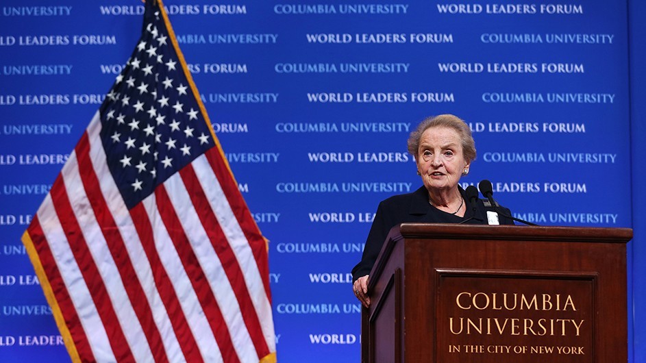 Madeleine Albright speaking and Columbia University World Leaders Forum