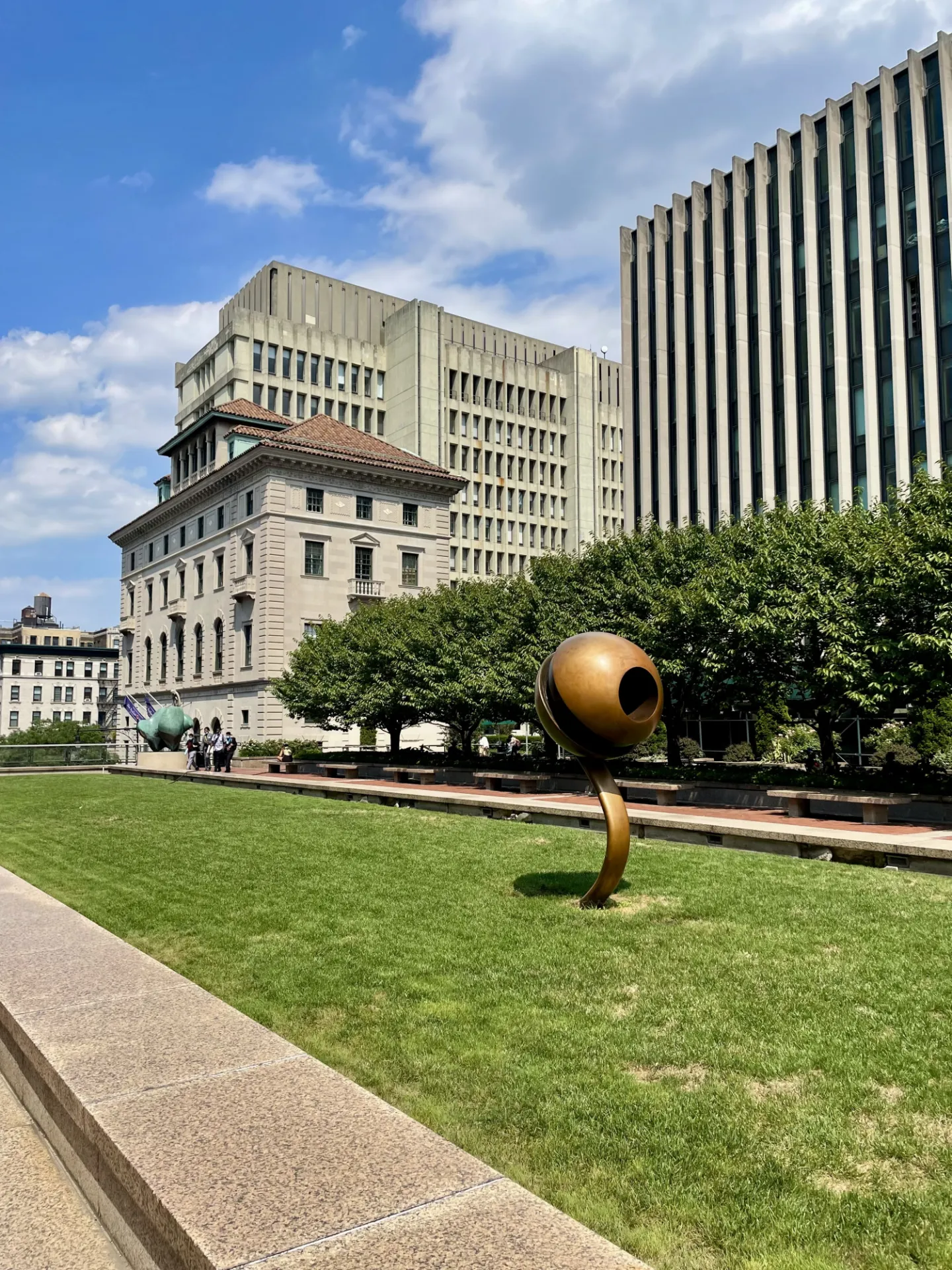 View of International Affairs Building with "Life Force" by David Bakalar in foreground